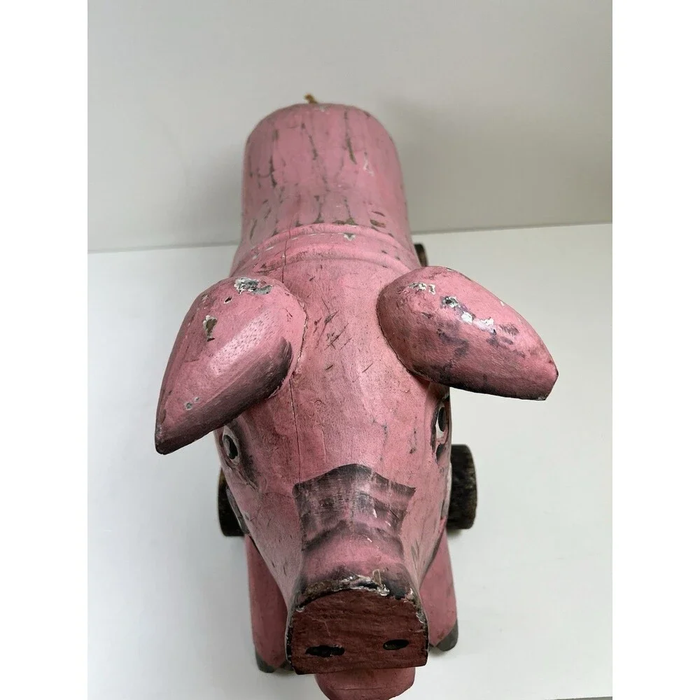 Vintage Handcrafted Carved Wooden Pig on Wheels Art Sculpture Statue Country